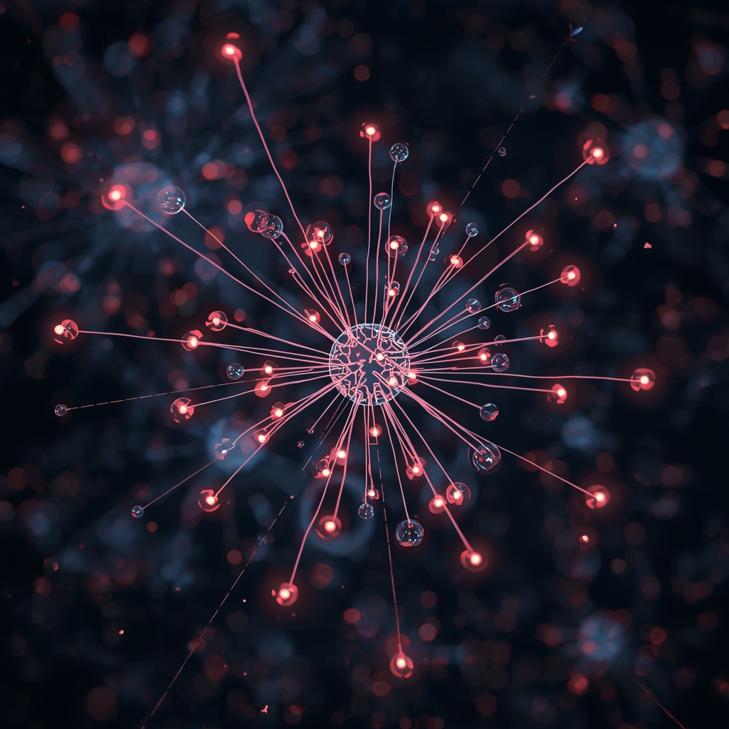 Abstract visualization of a neural network with glowing nodes and connecting pathways on a dark background, no people